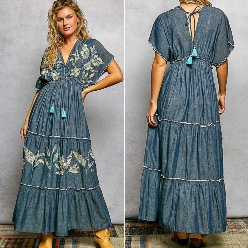 POL Blue Oversized Cotton Embroidered V Neck Maxi Dress w/Gold Detail! - Picture 1 of 7